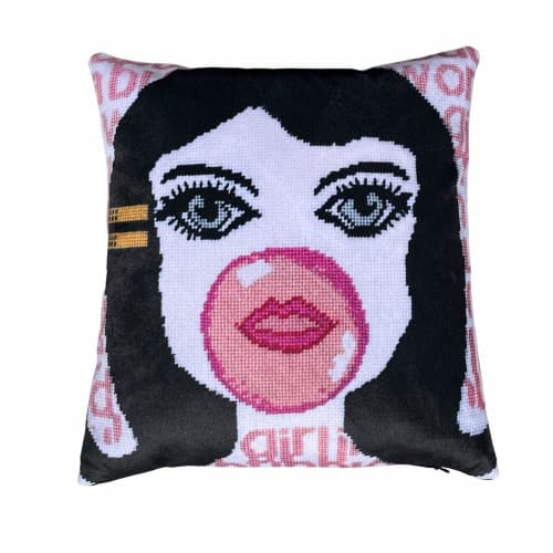 velvet BUBBLE GIRL IN A BUBBLEGUM WORLD custom made pillow | Cushion in Pillows by Mommani Threads. Item composed of fabric compatible with boho and contemporary style