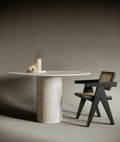 Travertine Round Dining Table - Marble Table Top | Tables by TigerWoodAtelier. Item made of metal & marble compatible with minimalism and mid century modern style
