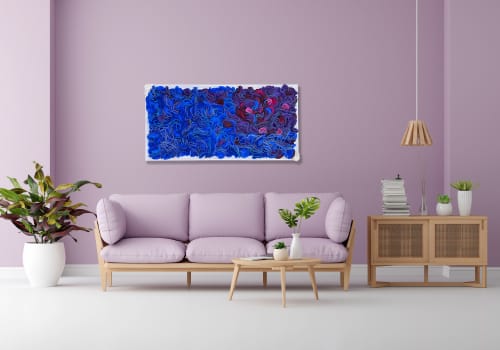 Brilliant Blues Felt Wall Hanging (Framed) | Wall Sculpture in Wall Hangings by Kate Leibrand. Item composed of wood and fabric in contemporary or eclectic & maximalism style