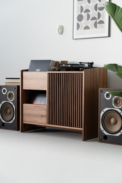 FUSE – record storage: crafted walnut cabinet for turntables | Sideboard in Storage by Mo Woodwork | Stalowa Wola in Stalowa Wola. Item made of walnut compatible with minimalism and mid century modern style