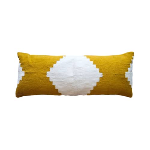 Mustard Sakkara Handwoven Long Wool Lumbar Pillow | Cushion in Pillows by Mumo Toronto. Item made of cotton works with boho & minimalism style