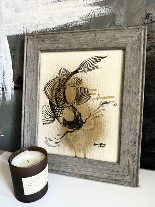 Koi fish painting, framed, small size | Drawing in Paintings by Oplyart. Item made of paper compatible with mid century modern and japandi style