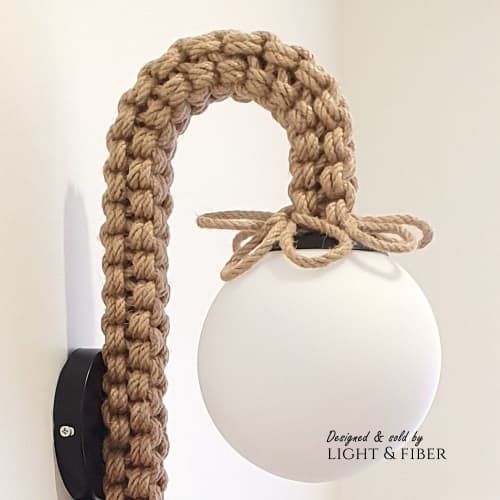 Arch Wall Light with Organic Jute & Opal Glass Shades | Sconces by Light and Fiber. Item composed of steel and glass in mid century modern or contemporary style