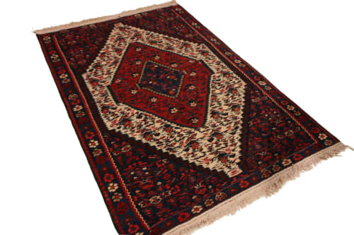 Mid Century Persian Kilim Rug Wool Red Cream Floral Senneh | Area Rug in Rugs by Rug and Kilim