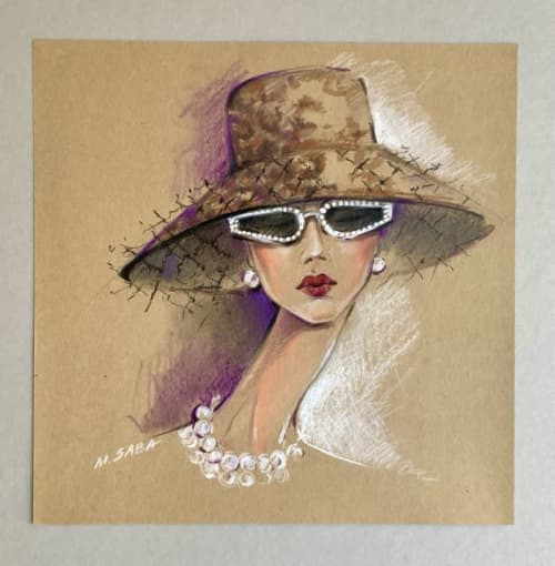 "Girl with pearls" 2  Original Fashion Illustration on paper | Drawings by Marina Saba Fine Art. Item made of paper works with contemporary & modern style