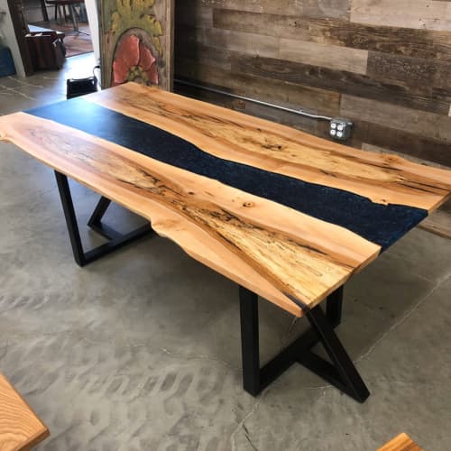 Oregon Maple & Midnight Blue Resin Dining Table | Tables by Black Rose WoodCraft. Item composed of wood & steel