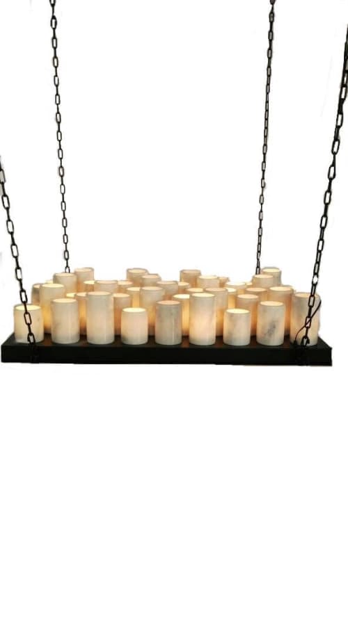Custom made dinning chandelier with alabaster candles. | Chandeliers by Custom Lighting by Prestige Chandelier. Item composed of metal & marble