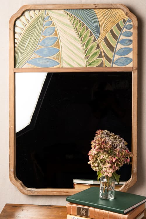 Mirror - Leaf No. 2 | Decorative Objects by Clare and Romy Studio. Item composed of wood & stoneware compatible with boho and eclectic & maximalism style