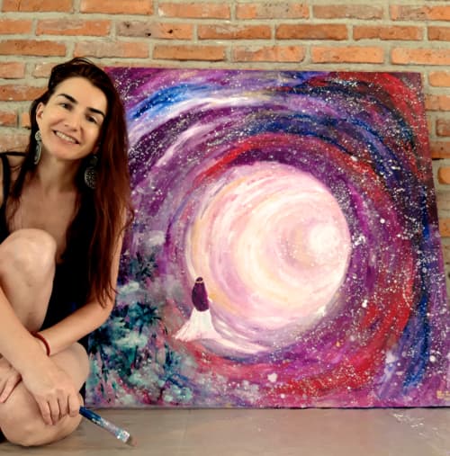 Between now and later, she knows the way (100x100x4 cm) | Oil And Acrylic Painting in Paintings by Elena Parau