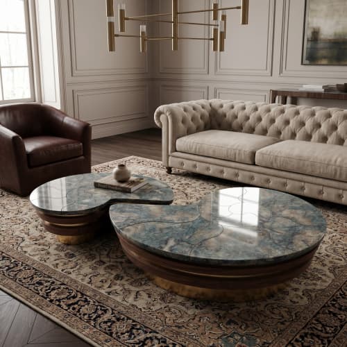 Starry Blue Marble Walnut Spiral Nesting Coffee Table Set | Tables by Dynasty Artisan. Item made of wood with marble works with minimalism & contemporary style