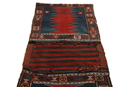 Antique Geometric Red and Blue Wool Kilim Bag Rug | Area Rug in Rugs by Rug and Kilim