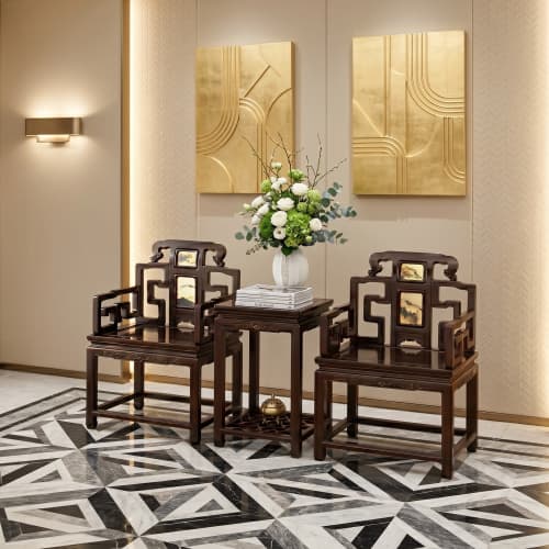 Legacy Shijin Taishi Armchair Trio with Natural Cloud Marble | Chairs by Dynasty Artisan. Item made of wood works with contemporary & eclectic & maximalism style