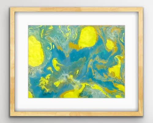 Two Suns I  Japanese Marbling, Ink on Paper I Oak Frame | Mixed Media in Paintings by KMOK Art. Item composed of paper compatible with boho and minimalism style