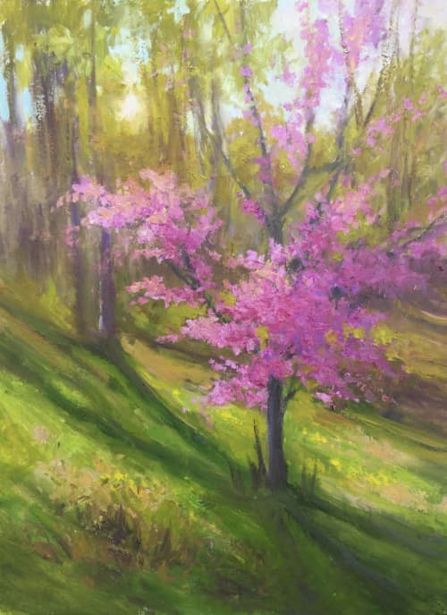 Redbuds in the setting sun | Oil And Acrylic Painting in Paintings by Julia Lesnichy Art. Item compatible with traditional style