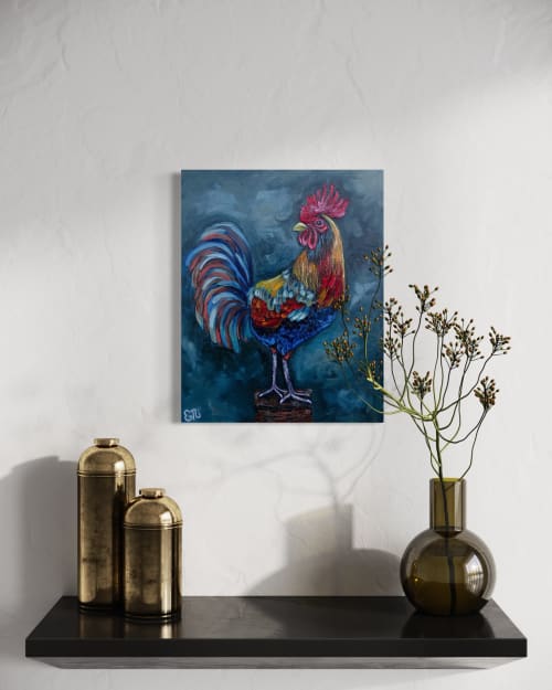 Original Rooster Painting | Decorative Objects by Emily Newman Fine Art. Item made of canvas works with country & farmhouse & eclectic & maximalism style