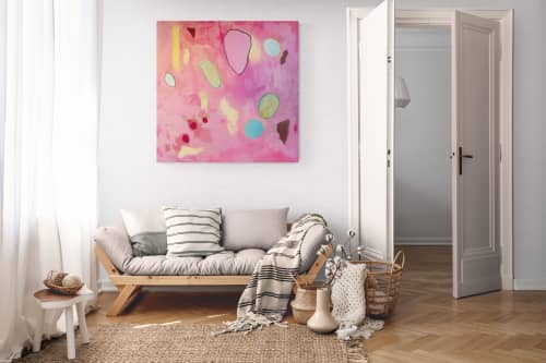 Play #10 — Large Pink Abstract (42×42) | Oil And Acrylic Painting in Paintings by Vincent Salvati – Contemporary Abstract Painter | NJ`. Item composed of canvas in minimalism or contemporary style