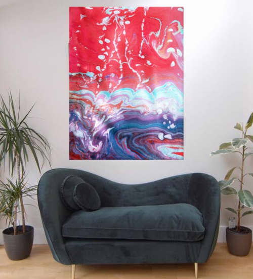 Maelstrom with red sky-marbling art print | Prints by KALEIDO MARBLING ART. Item made of paper