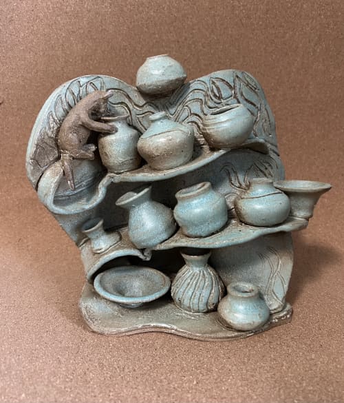 Mini Pot Assemblage With Cat | Sculptures by Sheila Blunt. Item composed of ceramic in modern style