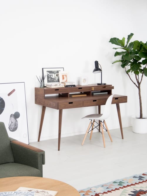 Mid century modern walnut desk with shelves above and drawer | Tables by Mo Woodwork. Item made of oak wood works with minimalism & mid century modern style