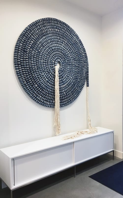 Large Indigo Coil | Wall Sculpture in Wall Hangings by Liz Robb | 100 Moffett Apartments in Mountain View. Item made of cotton with fiber