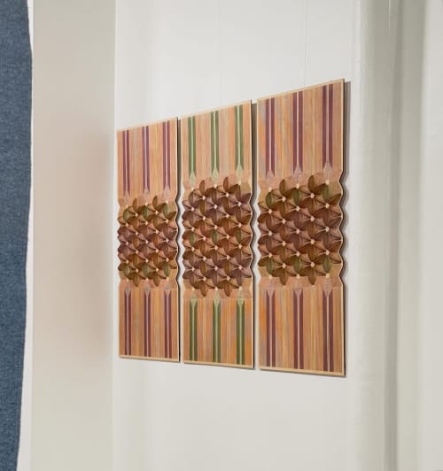 3 Panels of wood and hand embroidery sculptural art | Wall Sculpture in Wall Hangings by Nosheen iqbal. Item made of birch wood with cotton works with mid century modern & mediterranean style