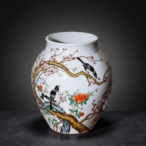 Qing Guangxu Style Famille Rose Magpie Plum Porcelain Vase | Vases & Vessels by Dynasty Artisan. Item made of ceramic works with contemporary & eclectic & maximalism style