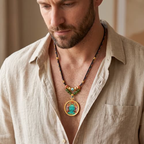 Premium Hand-Painted Green Tara Bodhi Leaf Thangka Pendant | Ornament in Decorative Objects by Dynasty Artisan. Item made of metal works with contemporary & eclectic & maximalism style