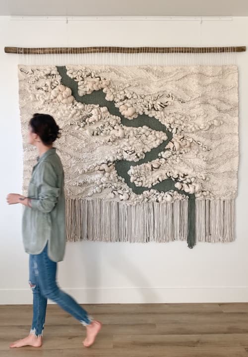 large textural fiber art | Tapestry in Wall Hangings by Rebecca Whitaker Art. Item composed of wood and cotton in boho or japandi style