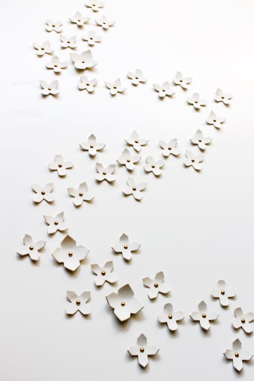 Garland 60 white porcelain gold geometric flowers art | Wall Sculpture in Wall Hangings by Elizabeth Prince Ceramics. Item composed of stoneware in minimalism or contemporary style