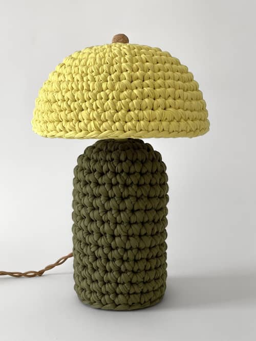 The Knitty Table Lamp in Dark Olive and Yellow | Lamps by Meg Morrison. Item composed of fabric & ceramic compatible with boho and mid century modern style