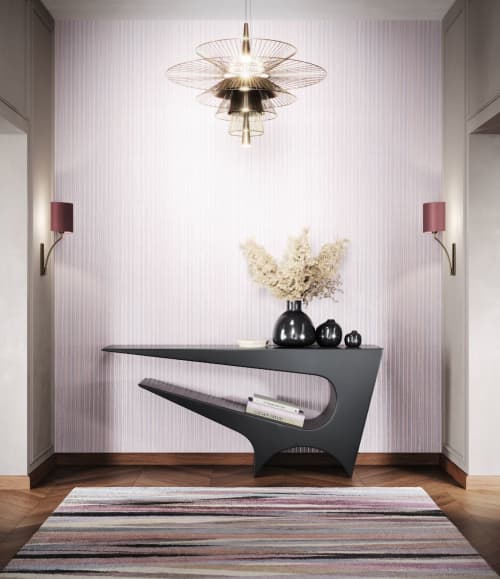 Star Axis Console in Black Matte Aluminum by Neal Aronowitz | Console Table in Tables by Neal Aronowitz. Item composed of metal in minimalism or mid century modern style