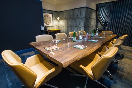 Live-Edge Two Slab English Walnut Meeting Table | Conference Table in Tables by Handmade in Brighton | Hotel Indigo London - Kensington in London. Item composed of walnut & steel