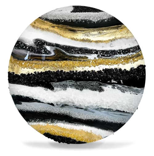 Black Agate Round | Mixed Media by Alyson Storms. Item made of wood with brass works with minimalism & mid century modern style