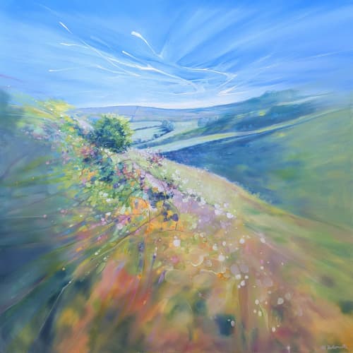 The Devil’s Dyke, is a large joyful semi-abstract landscape | Oil And Acrylic Painting in Paintings by Gill Bustamante. Item made of canvas works with contemporary & country & farmhouse style