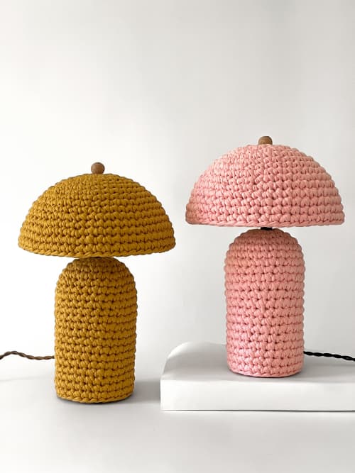 The Knitty Table Lamp in Light Pink | Lamps by Meg Morrison. Item composed of fabric and ceramic in boho or mid century modern style