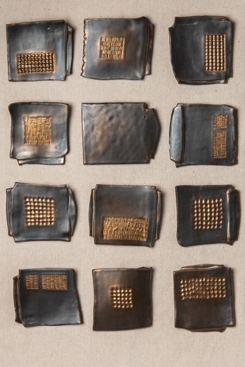 Organic Modern Ceramic Wall Art Set of 12 - Metallic Brass | Sculptures by Clare and Romy Studio. Item composed of ceramic compatible with minimalism and industrial style