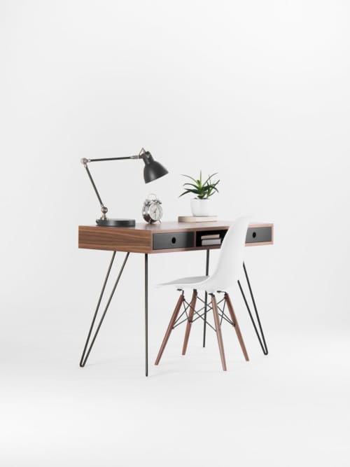 HEIM - Mid century style walnut desk with black drawers | Tables by Mo Woodwork. Item made of walnut works with minimalism & mid century modern style