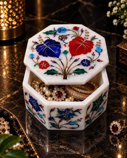 Handmade Marble Inlay Jewelry Box – Floral Stone Keepsake St | Tiles by SK EPOXY CRAFT. Item composed of brass and marble in japandi or eclectic & maximalism style