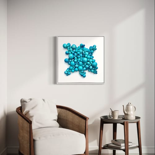 Turquoise abstract ball art on canvas | Sculptures by Mindy Williamson Art. Item composed of wood in boho style