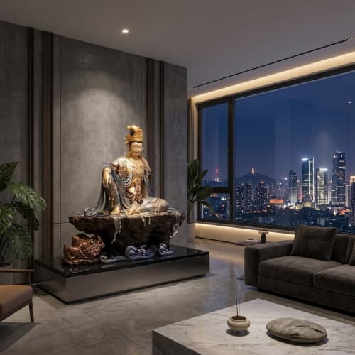 50" Jeweled Gilded Bronze Water-Moon Avalokitesvara Statue | Sculptures by Dynasty Artisan. Item made of brass with stone works with eclectic & maximalism & asian style
