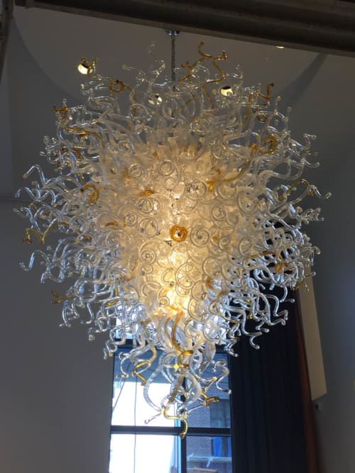 "Golden Halo" ~ Custom Blown Glass Chandelier | Chandeliers by White Elk's Visions in Glass - Glass Artisan, Marty White Elk Holmes & COO, o Pierce