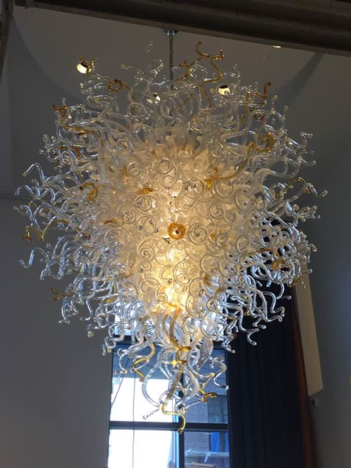 "Golden Halo" ~ Custom Blown Glass Chandelier | Chandeliers by White Elk's Visions in Glass - Glass Artisan, Marty White Elk Holmes & COO, Jo Pierce