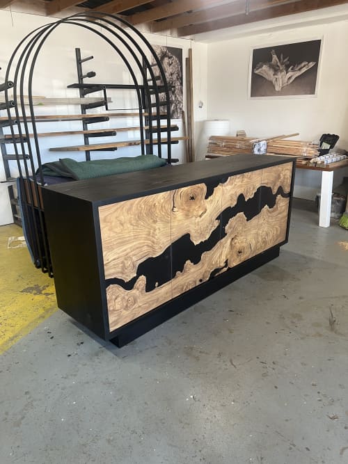 Elm Burl Slab and Black Resin Cabinet | Credenza in Storage by Where Wood Meets Steel. Item composed of wood and steel in contemporary or modern style