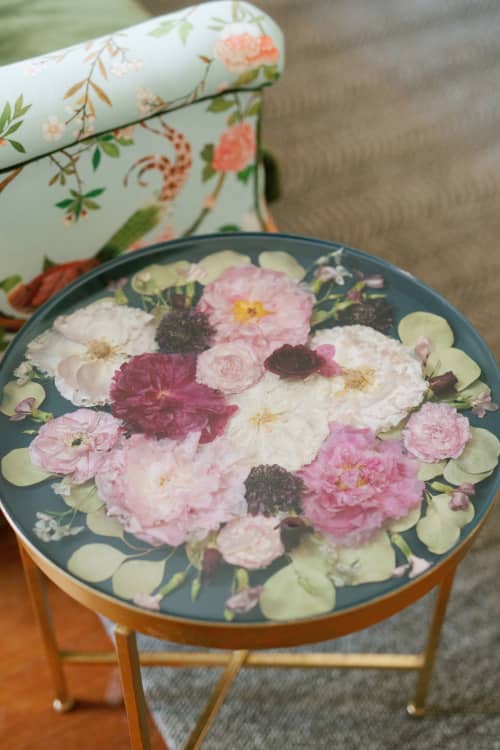 Pretty In Pink Peony Inlay Side Table | End Table in Tables by Lush Magnolia | Derbès Mansion in New Orleans. Item compatible with eclectic & maximalism and industrial style