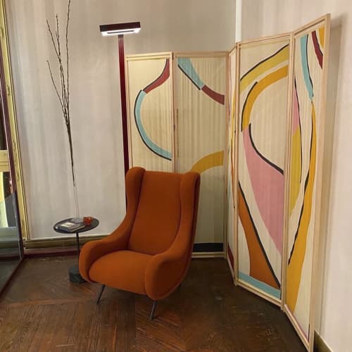 "San Lorenzo" hand-painted 100% silk and wood folding screen | Divider in Decorative Objects by Natalia Lumbreras. Item composed of wood and fabric