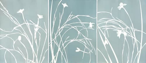 Misty Iris Triptych: Three 24 x 18" monotypes/24 x 54" total | Etching in Paintings by Christine So. Item composed of paper in boho or japandi style