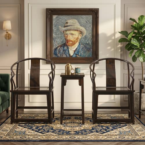 Legacy Minimalist Ming Dynasty Style Horseshoe Armchair Trio | Chairs by Dynasty Artisan. Item composed of wood in minimalism or contemporary style