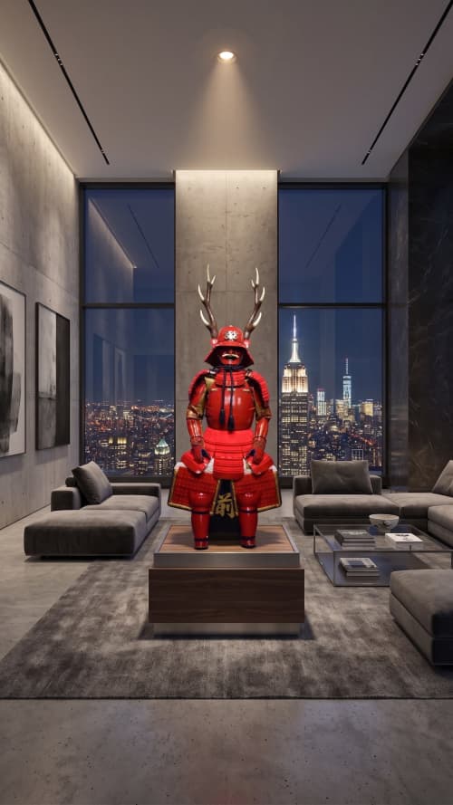 Bespoke Red Iron Samurai Armor Wearable Art II: Deer Horn | Sculptures by Dynasty Artisan. Item composed of metal and leather in contemporary or japandi style