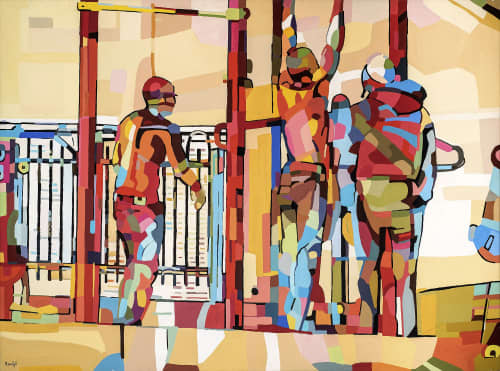 Working out at the beach | Oil And Acrylic Painting in Paintings by Noemi Safir Artist. Item made of canvas compatible with contemporary and industrial style