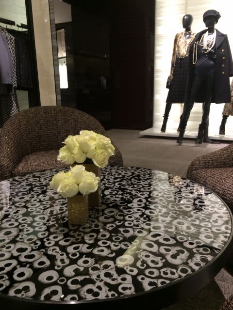 Chanel boutique verre eglomise table top | Interior Design by Vesna Bricelj | Bloomingdale's in New York